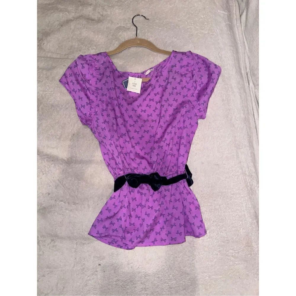 Pink bow print top with bow belt size S